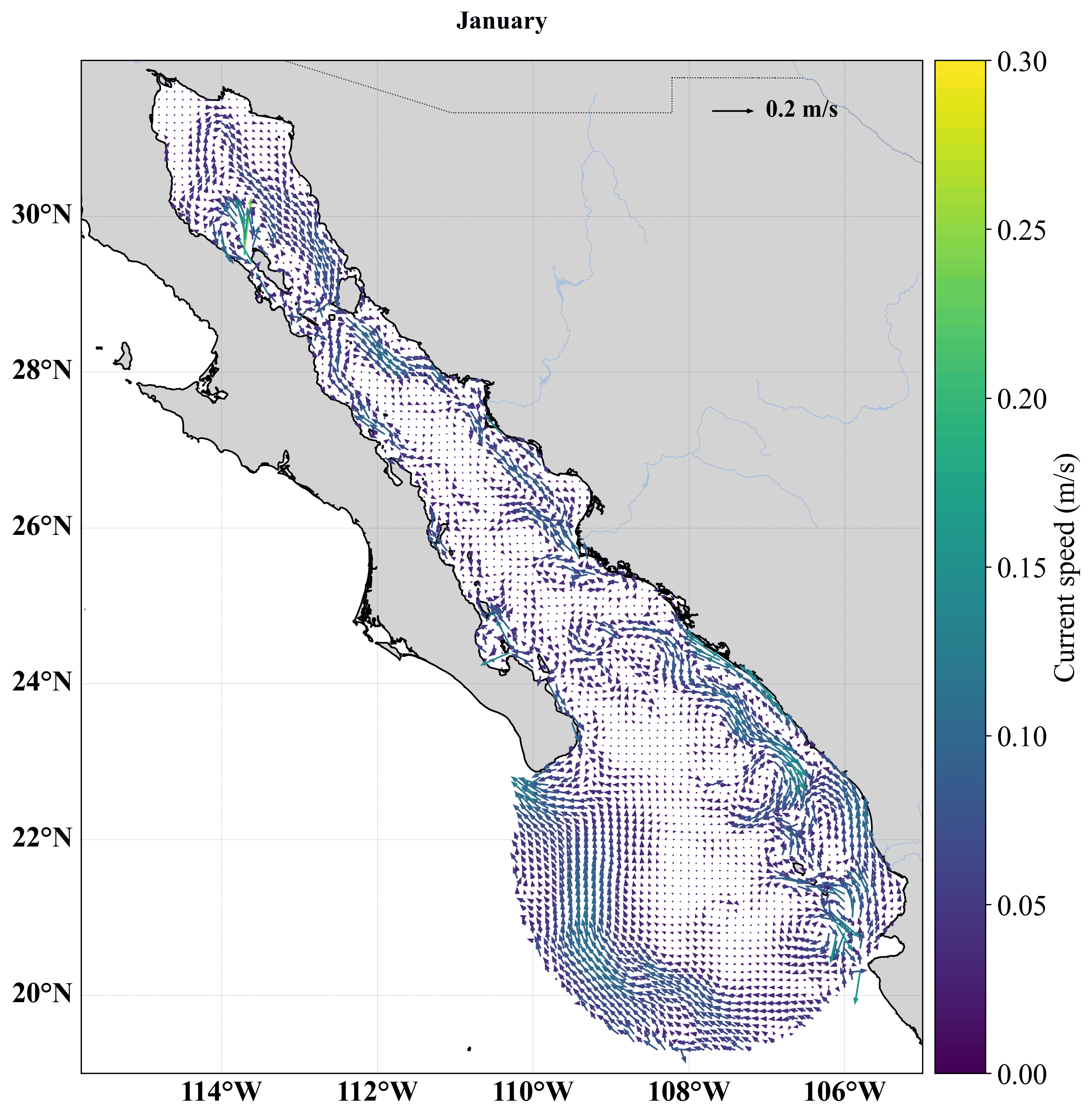 Animación de corrientes superficiales del Golfo de California calculadas con FVCOM