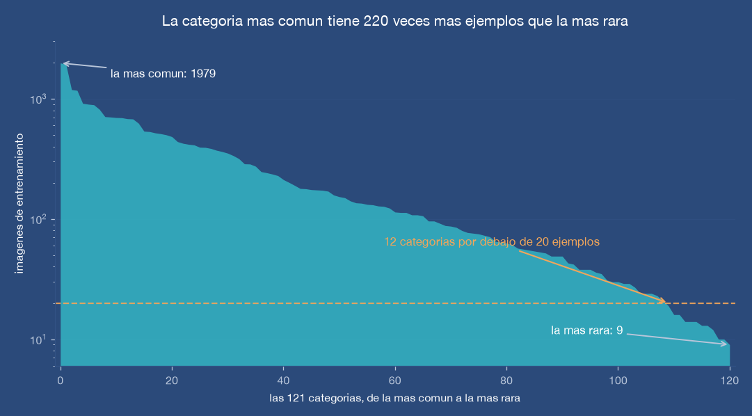 Gráfico: la categoría más común tiene 1,979 ejemplos y la más rara solo 9